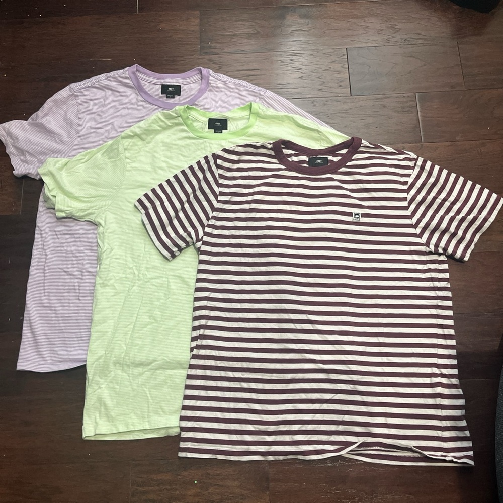 Obey Men Striped and Solid Tees - Purple, Green, Brown